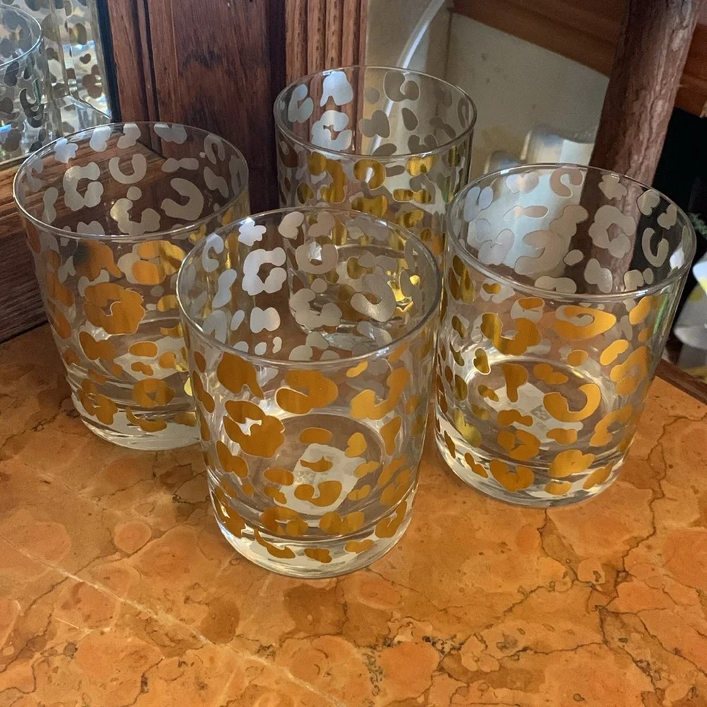 Mary Square Gold Foil Leopard 12 ounce Glass Cocktail Old Fashioned set of 4 - Picture 2 of 4